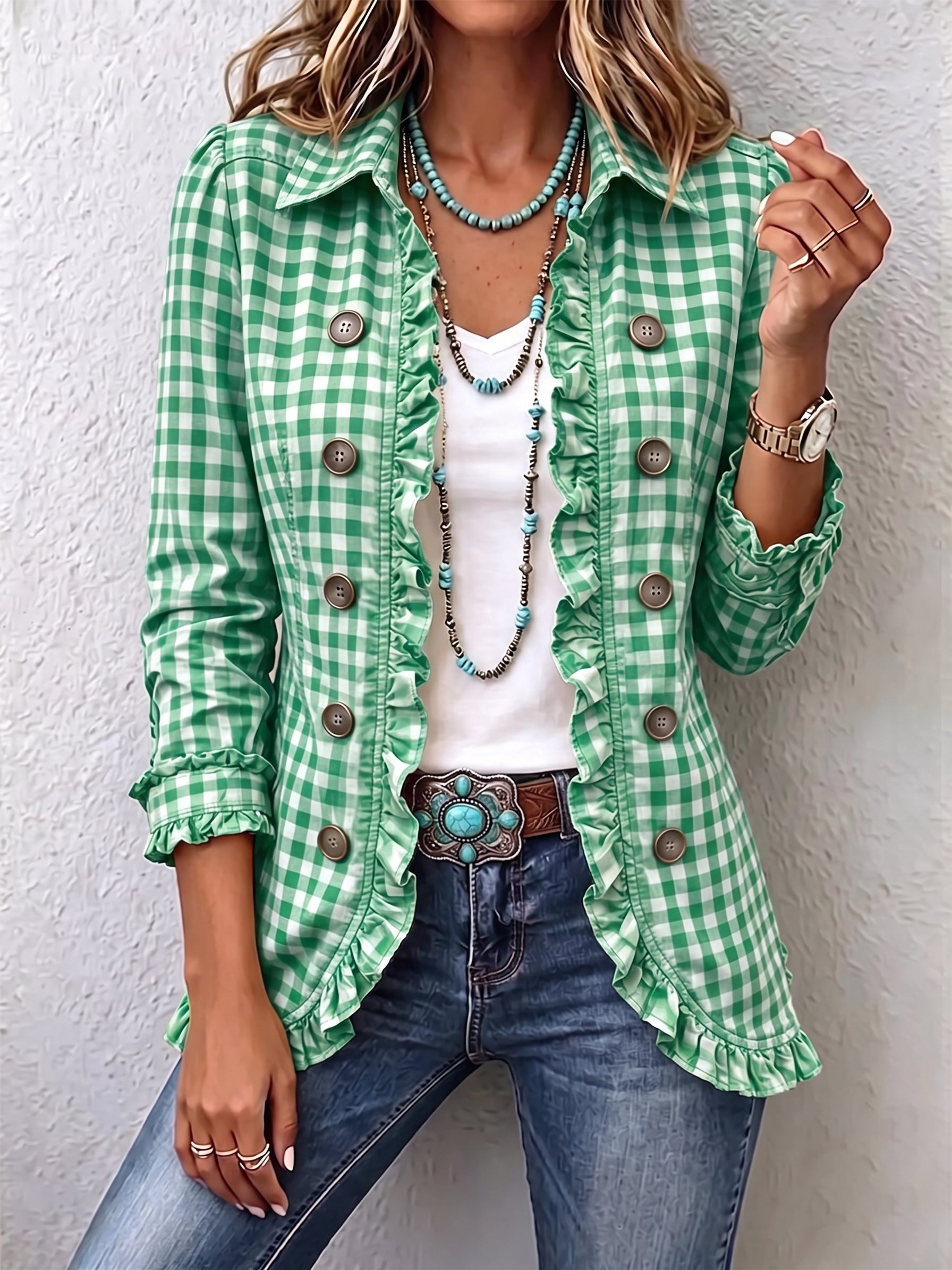 Charlene™ Gingham Ruffled Button-Down Jacket