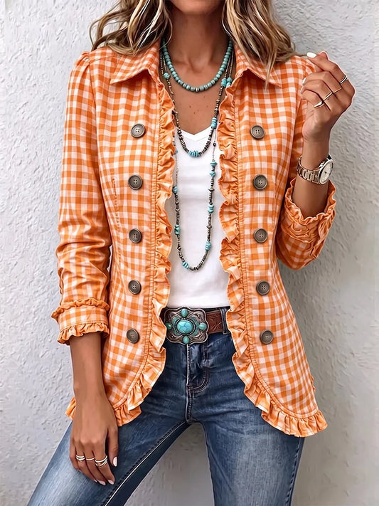 Charlene™ Gingham Ruffled Button-Down Jacket