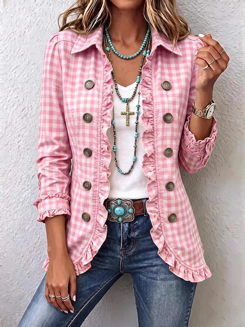 Charlene™ Gingham Ruffled Button-Down Jacket