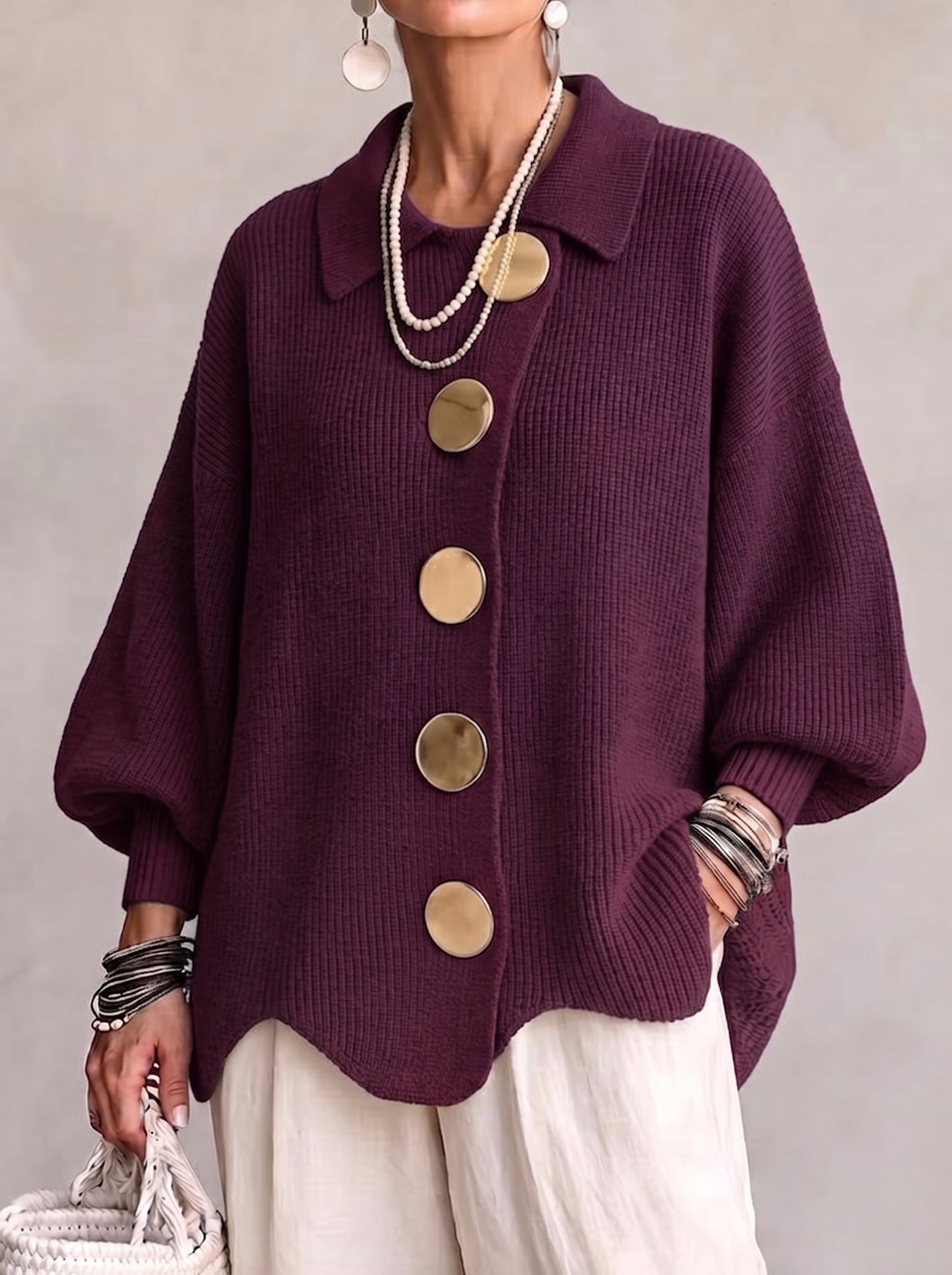 Isadora™ Oversized Collared Cardigan — Wine