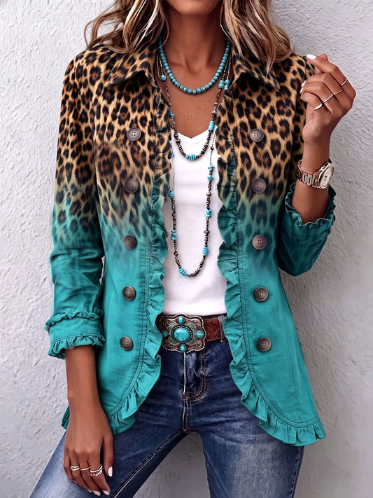 Elspeth™ Leopard Ombre Ruffle Blazer Jacket - Turquoise