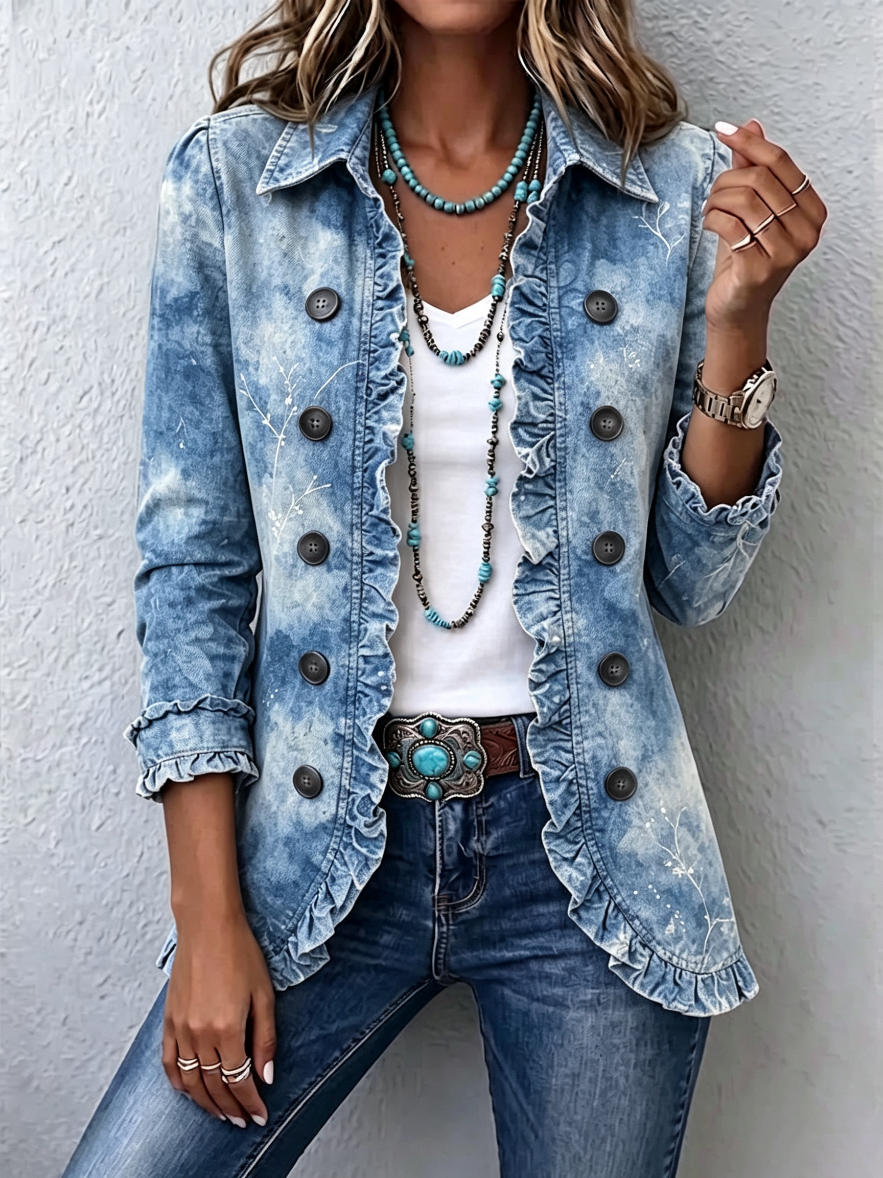 Jemison™ Boho-Style Gradient Vintage Botanical Print Ruffle-Detail Jacket
