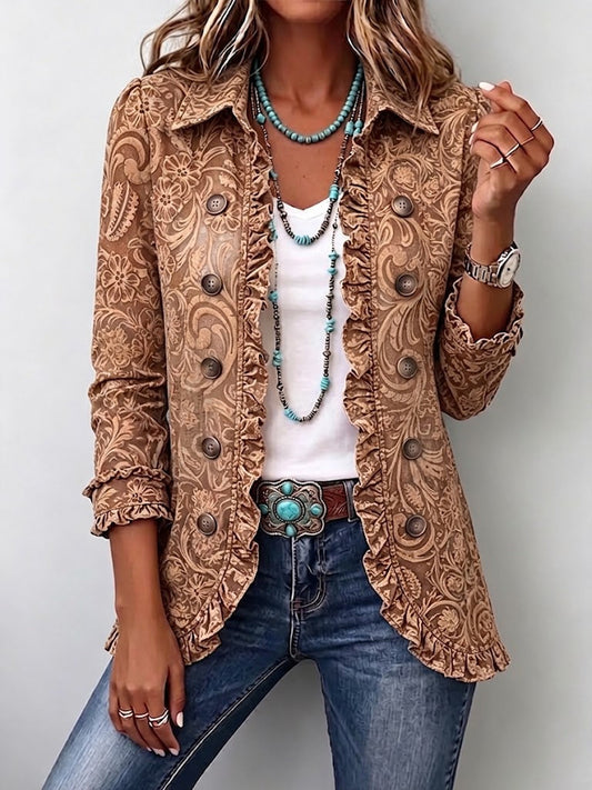 Vyclara™ Vintage Bohemian Floral Print Ruffled Jacket