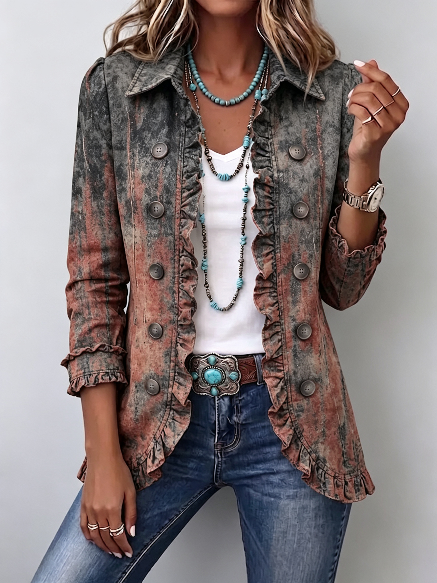 Bristow™ Vintage Gradient Textured Print Ruffle Jacket