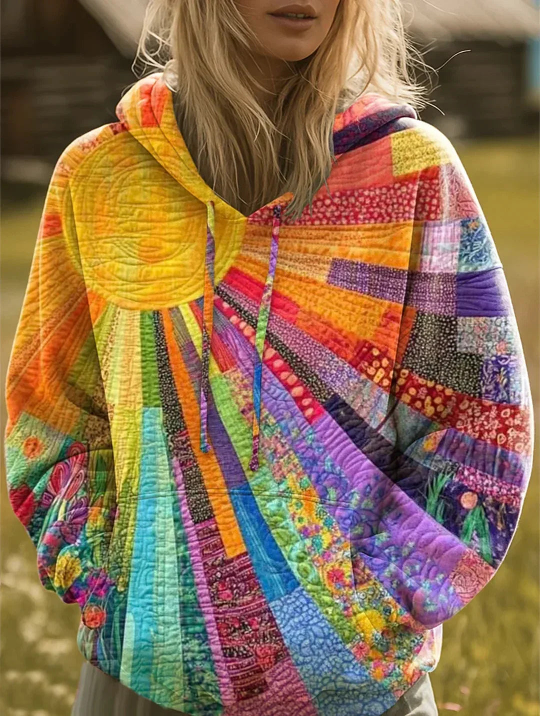 Dawnella™ Bohemian Multicolor Patchwork Hoodie