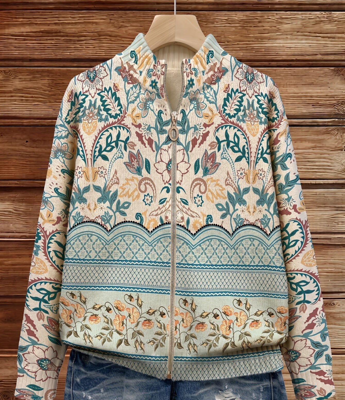 Sybilla™ Botanical Scallop Hem Zip Cardigan